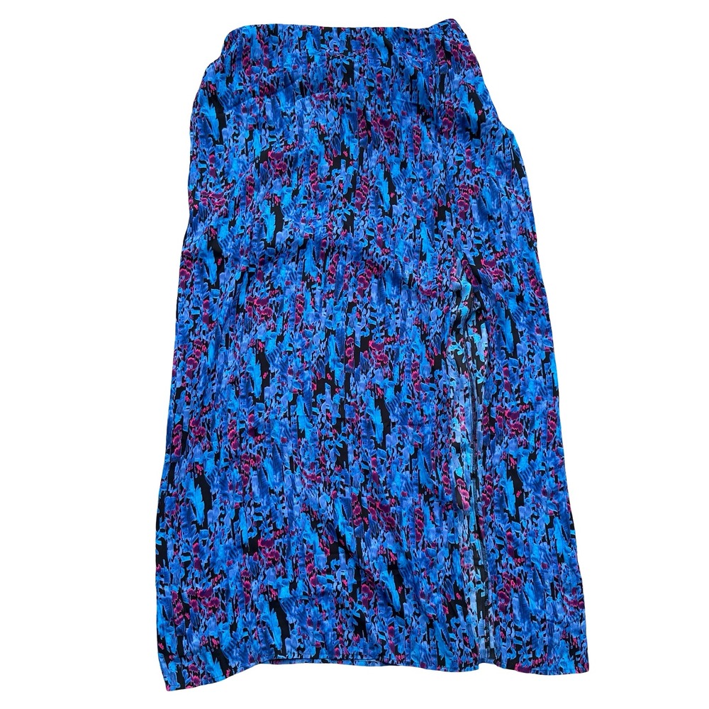 Vintage Express Maxi Skirt Size Large Blue Abstract High Slit Elastic Waistband